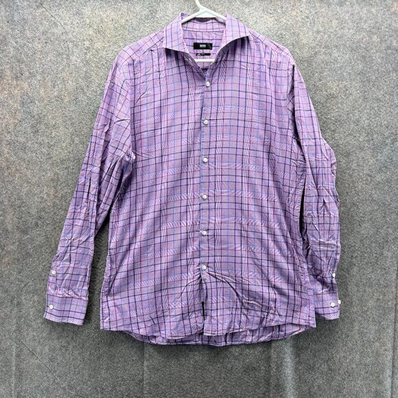 Hugo Boss Dress Shirt Men 16.5 42 Pink Button Down Windowpane Dress Slim Classic - Picture 1 of 10